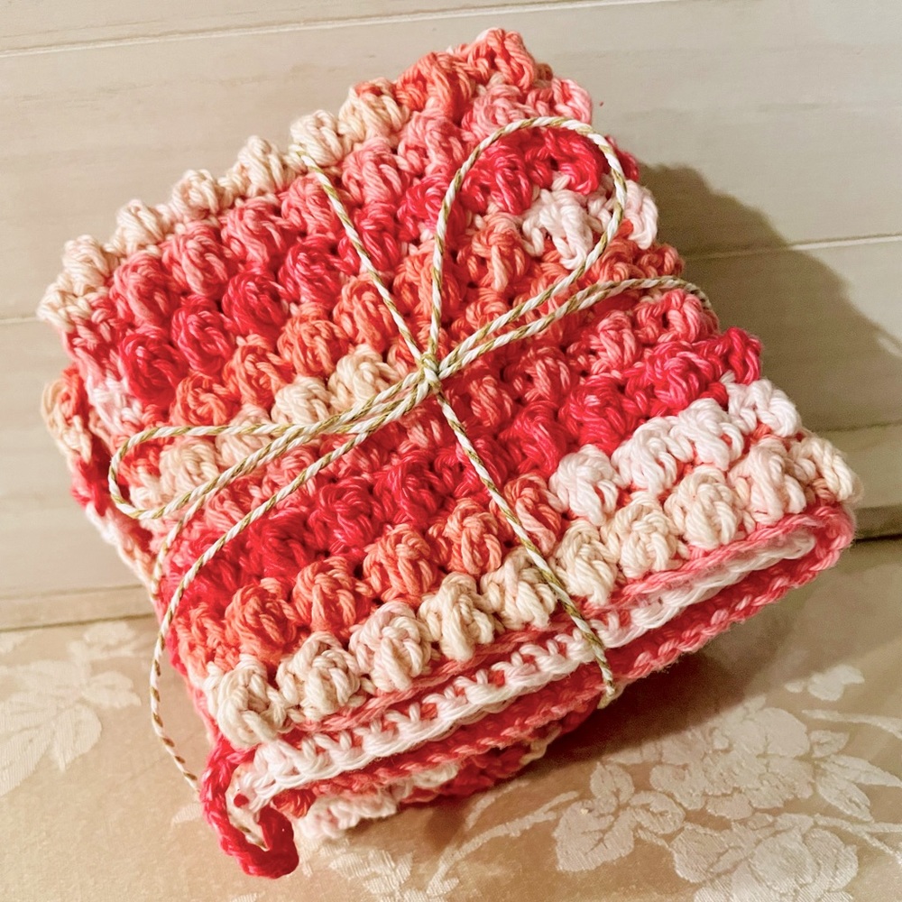 Homemade Crocheted Dishtowels with a Bubble pattern, Pink and White